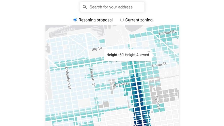 A map showing a rezoning proposal in blue and current zoning in light turquoise. A highlighted area on Broadway allows 50-foot building heights.